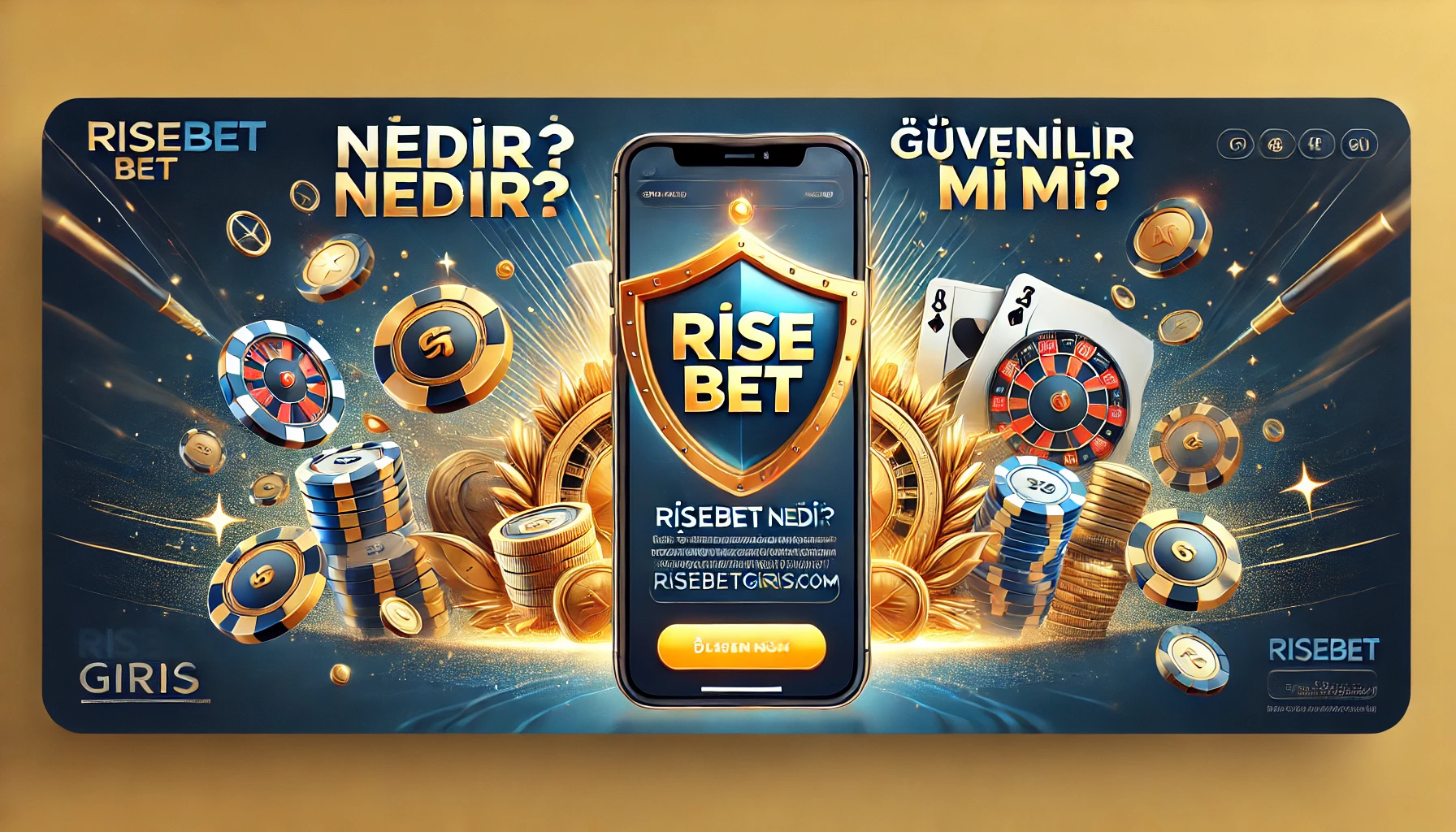 Risebet’in güvenilirliğini vurgulayan, güvenlik kalkanı ve casino temasıyla tasarlanmış şık bir banner. Güvenli bir bahis deneyimi için ideal platformu temsil eder.