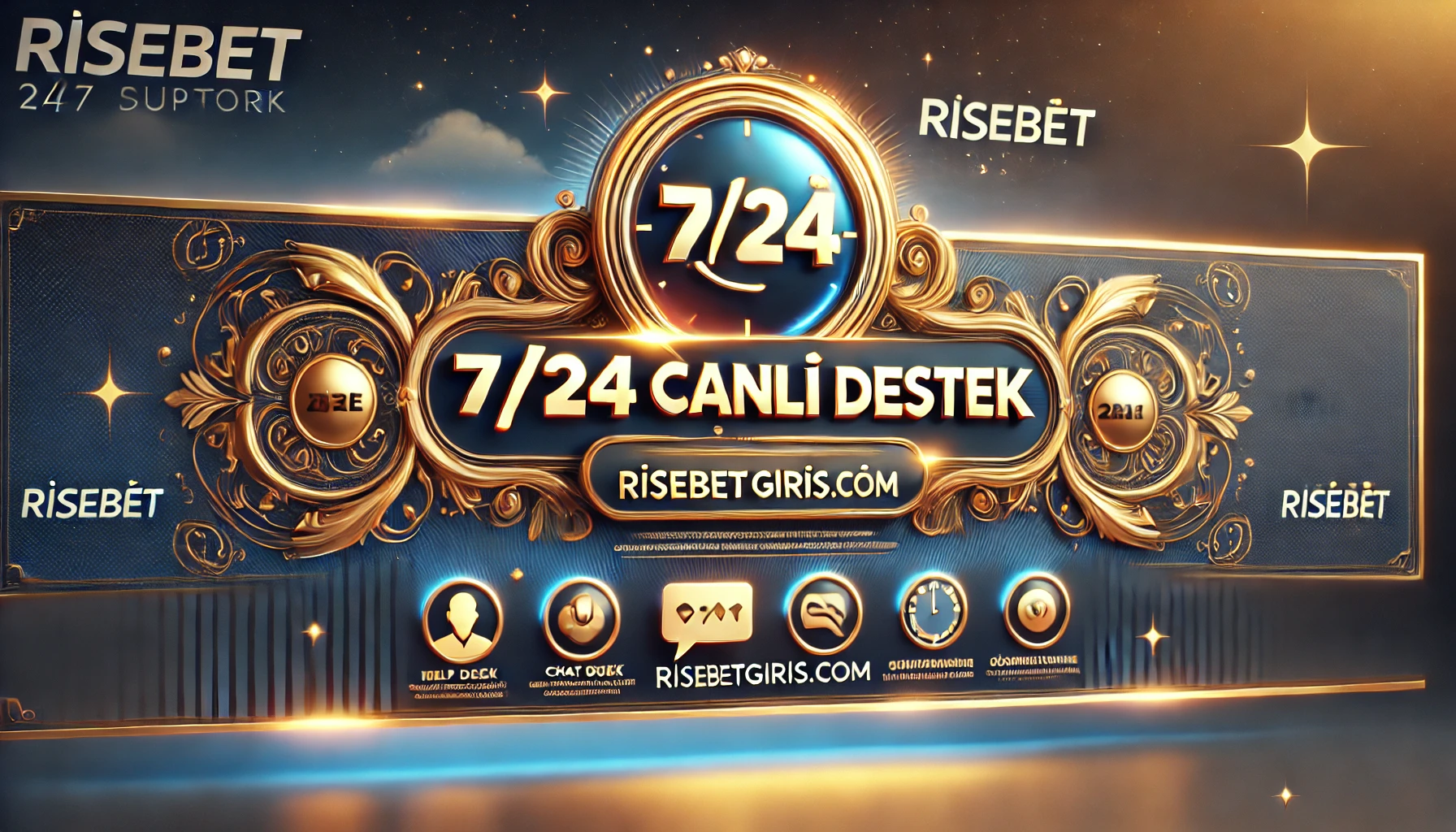 Risebet'in 7/24 canlı destek hizmetini tanıtan, yardım ve kesintisiz destek simgeleriyle zenginleştirilmiş şık bir banner. Kullanıcı odaklı hizmeti öne çıkarır.