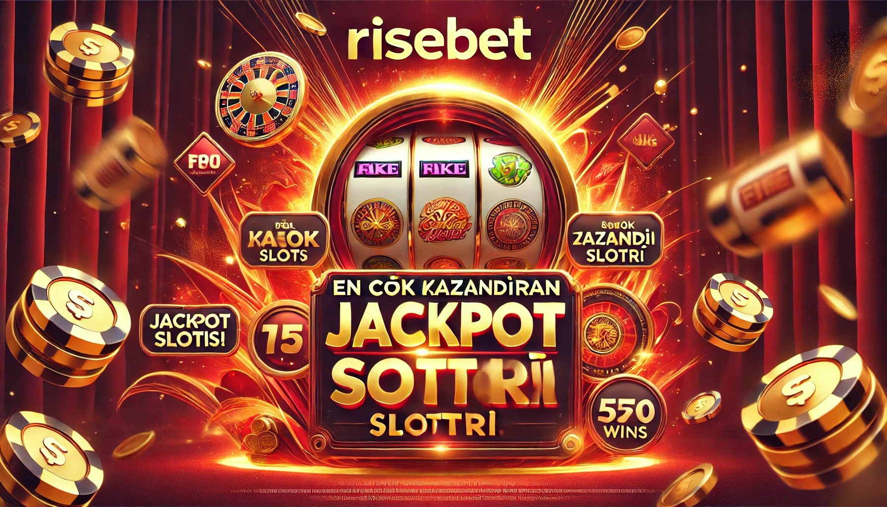 Risebet'in en popüler jackpot slot oyunlarını vurgulayan, altın ve kırmızı tonlarında tasarlanmış, büyük kazanç fırsatlarına odaklanan bir banner.