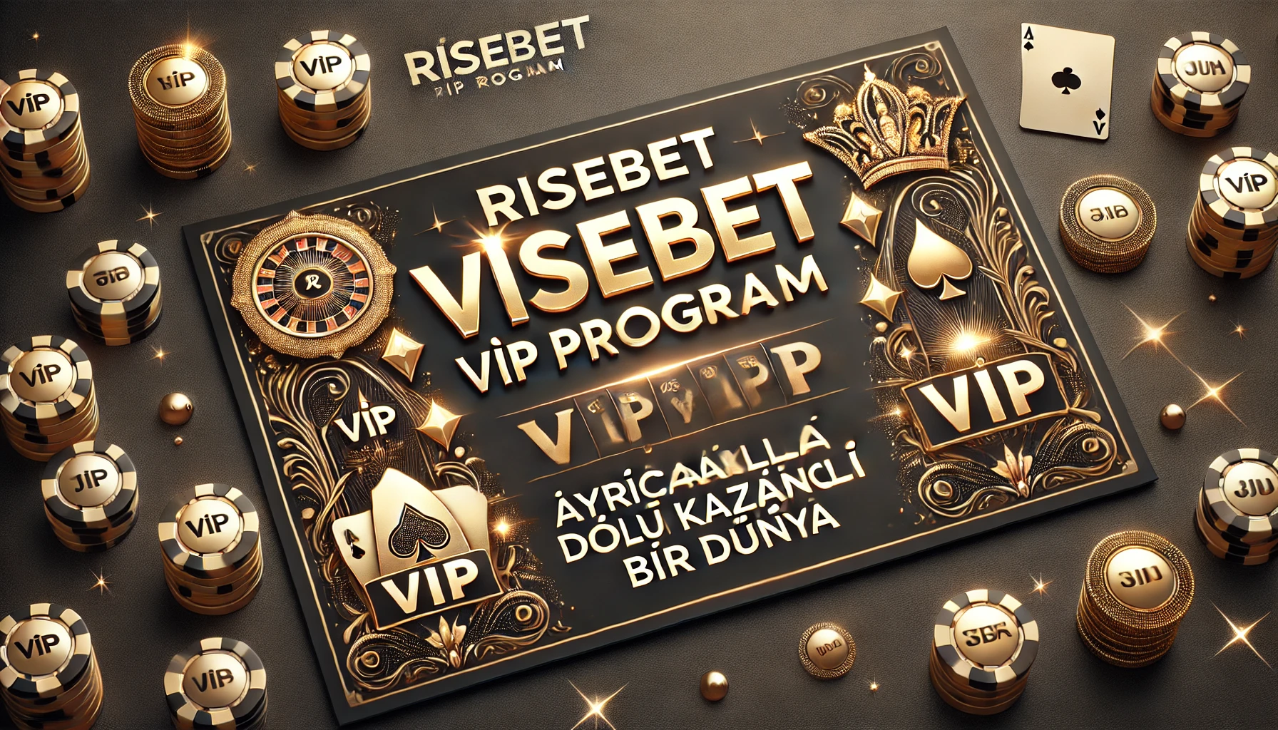 Risebet VIP Programı'nı tanıtan, lüks detaylar ve casino simgeleriyle zenginleştirilmiş şık bir banner. Ayrıcalıklarla dolu bir kazanç dünyasına vurgu yapar.