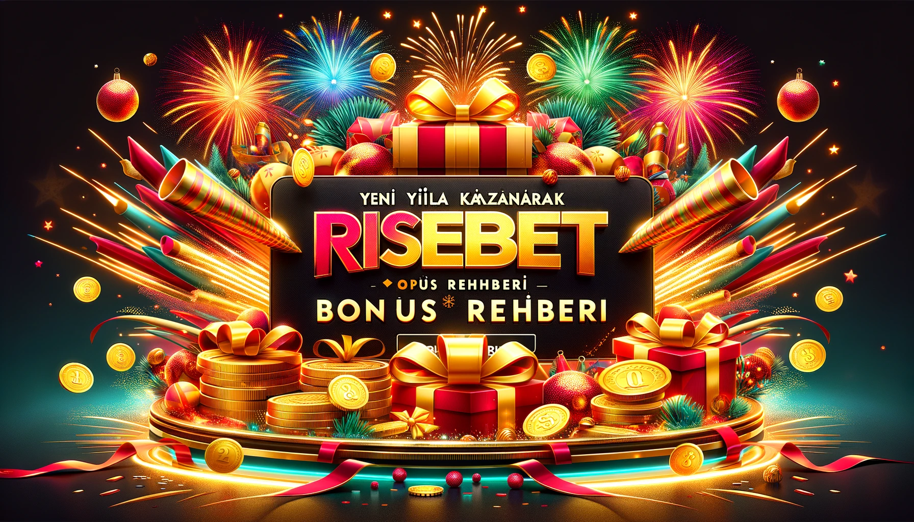 Risebet’in yılbaşı bonus fırsatlarını tanıtan, hediye kutuları ve altın detaylarıyla zenginleştirilmiş, canlı renklerle tasarlanmış bir banner.